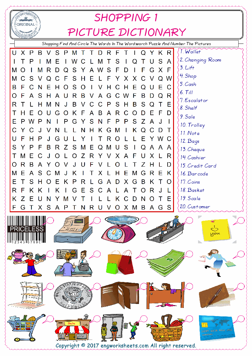  ESL wordsearch worksheets for kids, find Shopping words in the word wordsearch write its number on its picture English worksheet. 